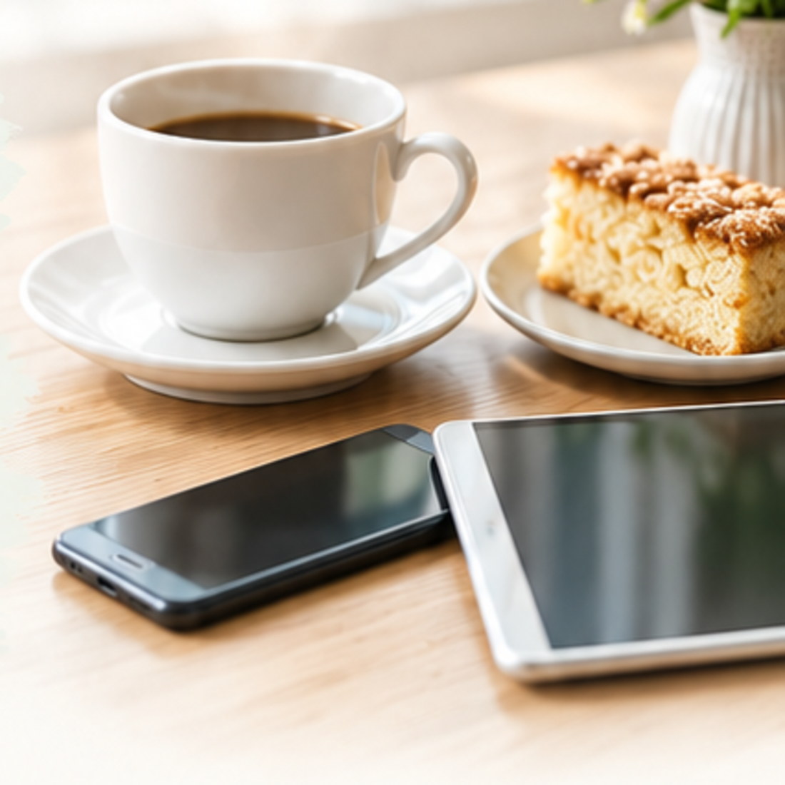 KI-Bild-Kaffeetasse mit Mobiltelefon